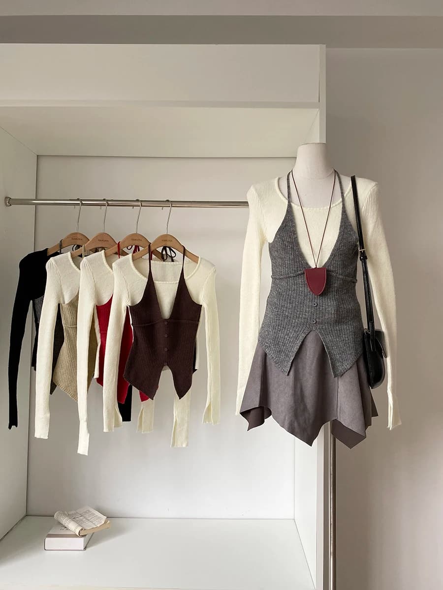 Maglione lavorato a maglia stile dolce con cintura, collo quadrato, design finto due pezzi, in fibra di poliestere traspirante, a maniche lunghe, lunghezza corta