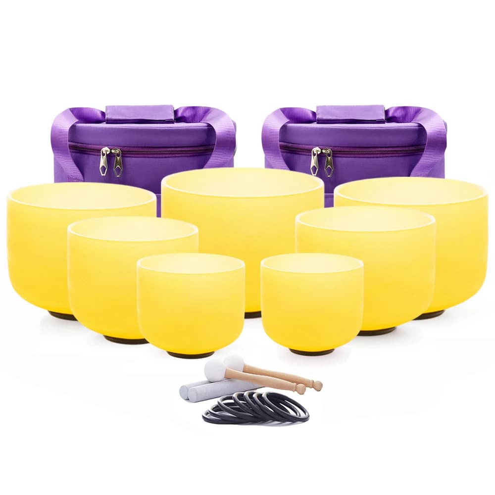 Hye-eun 7pcs Yellow Crystal Singing Bowls Chakra Set of CDEFGAB with Bag for Yoga Medication Sound Healing Deep Relaxation