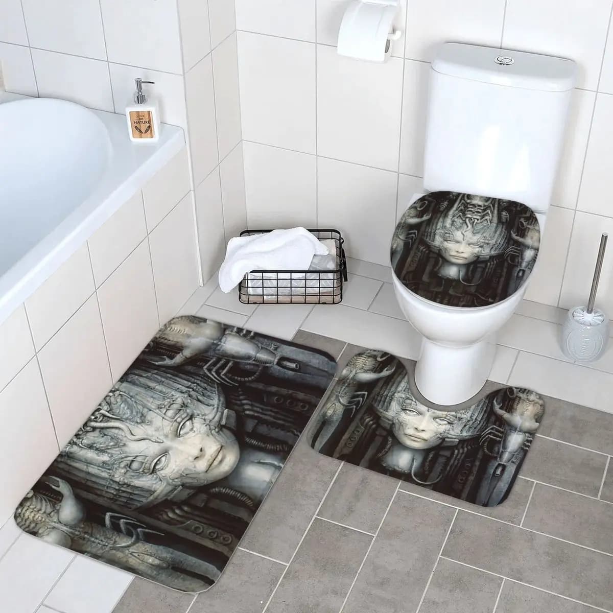 Hr Giger - Li - Pittura Tappetino da bagno in 3 pezzi Set da bagno Copri coperchio per WC Decorazioni per la casa Tappeto antiscivolo