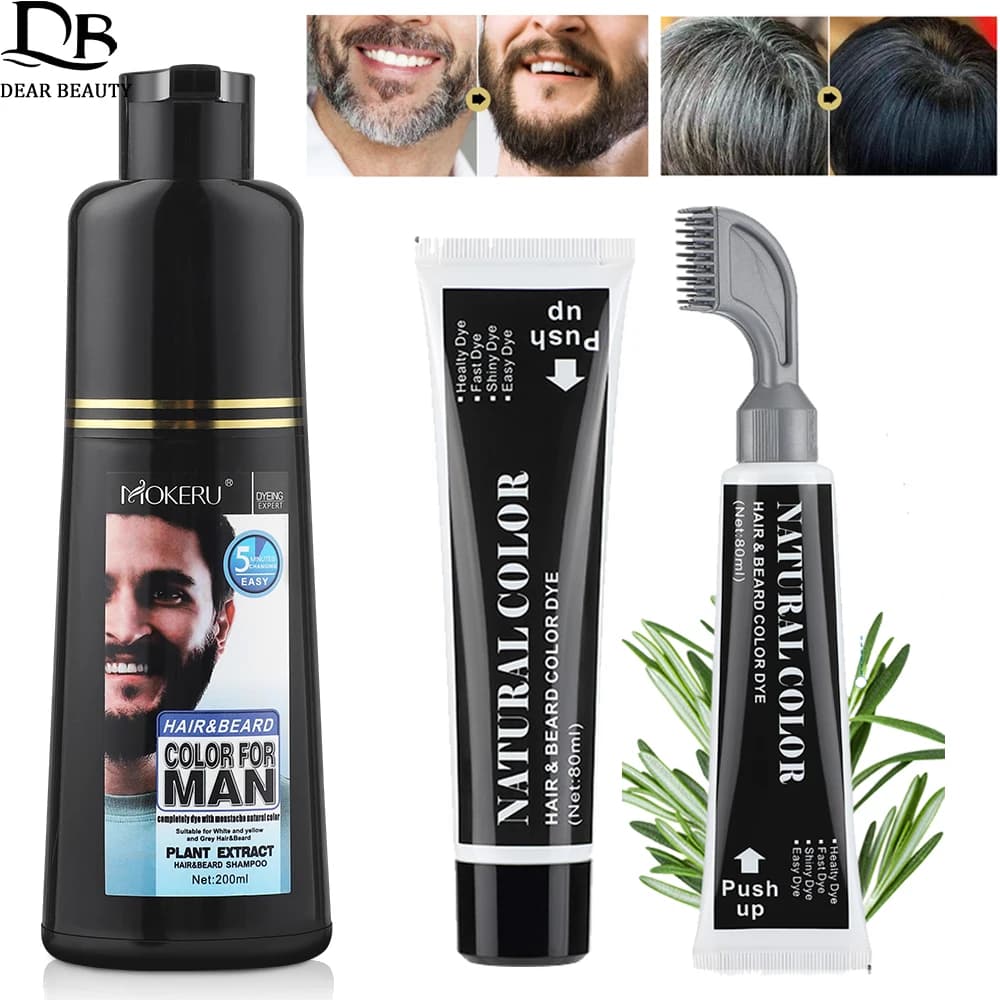 Long-lasting natural coloring shampoo for beard, for man, fast coloring, covers white and gray hair, black coloring cream for beard.