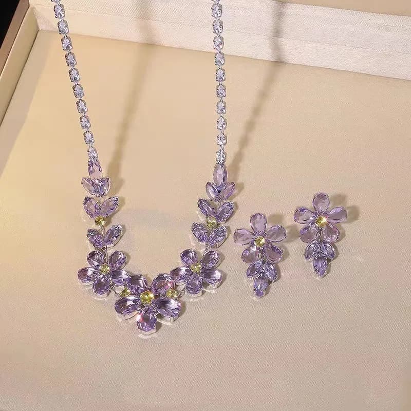 [Amethyst Flower Shadow] Light Luxury Flash Purple Flash Diamond Flower Necklace Earrings Exquisite Fashion Versatile Temperament Necklace