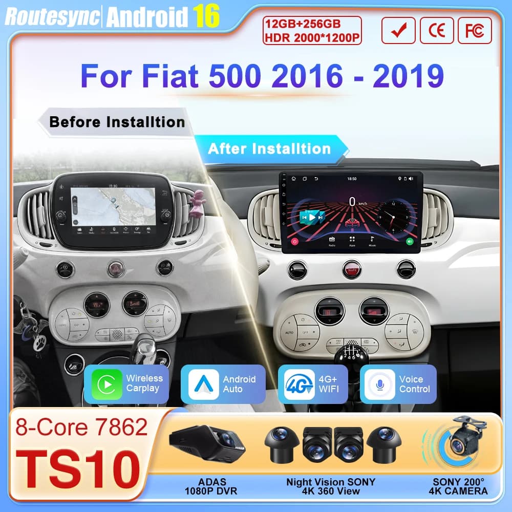 Lettore Multimediale per Auto da 9 Pollici con Carplay Wireless e Android Auto per Fiat 500 2016-2019, Autoradio 4G con Carplay 360 ° Fotocamera BT