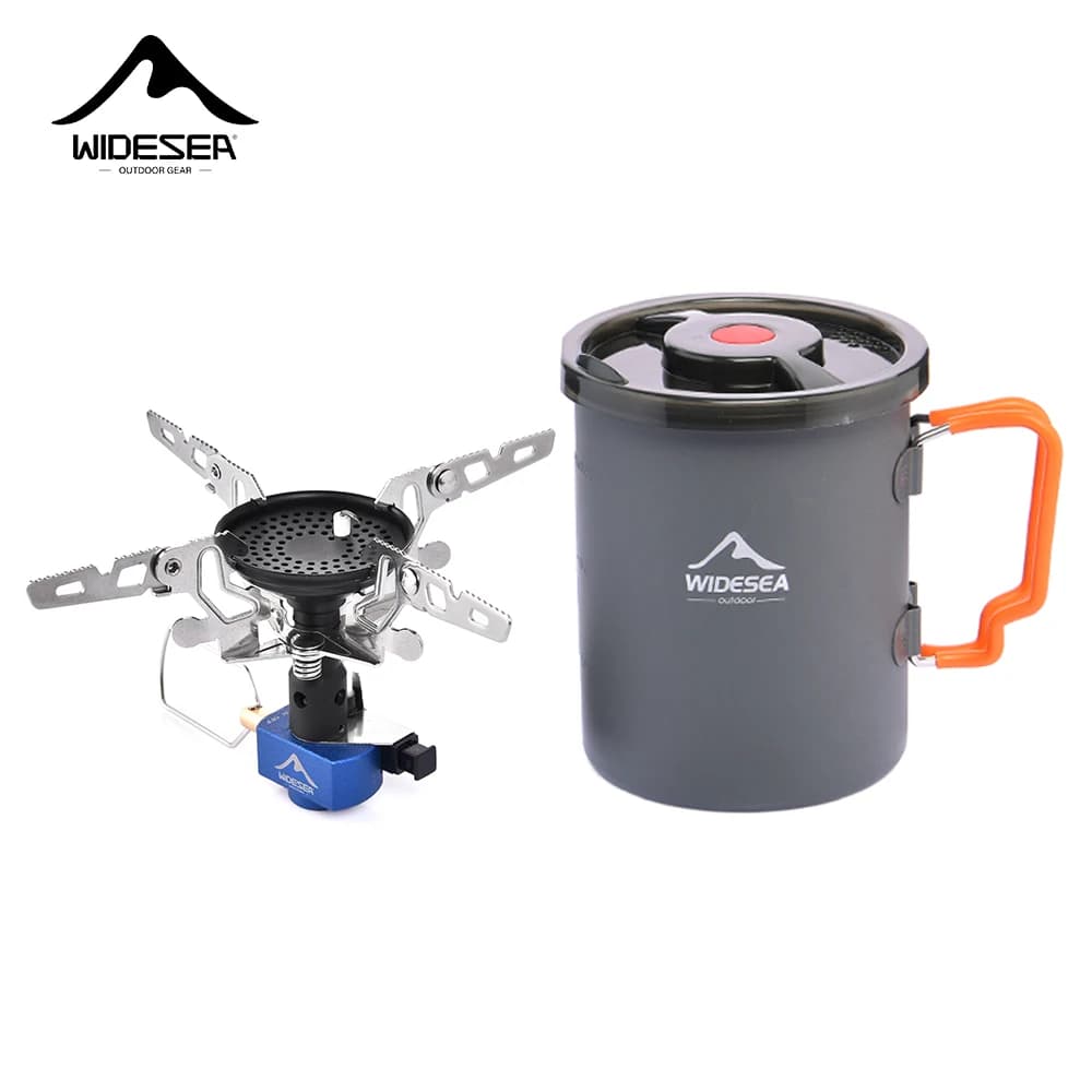 Set di fornello a gas da campeggio Widesea con caffettiera e tazze, fornello a gas portatile, fornello da tenda, accessori e attrezzature per il turismo e la sopravvivenza all'aperto.