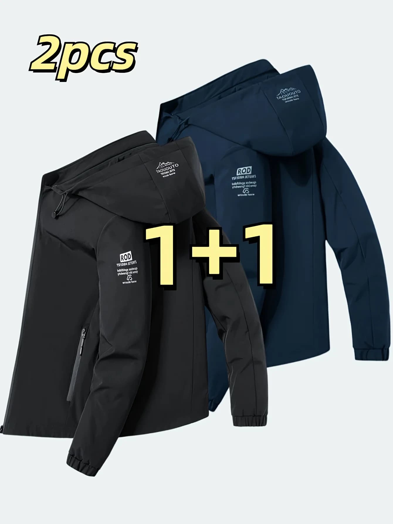 Men's windproof jacket in two fashionable pieces with hood - casual trend, with detachable design with zipper, polyester fiber, long sleeves