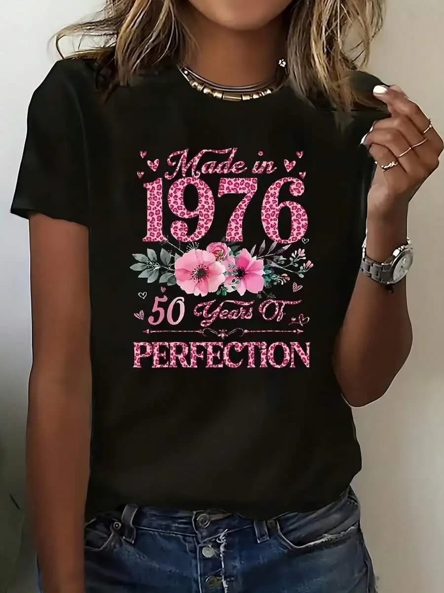 T-shirt da donna vintage con grafica floreale, morbida, casual, girocollo, in poliestere
