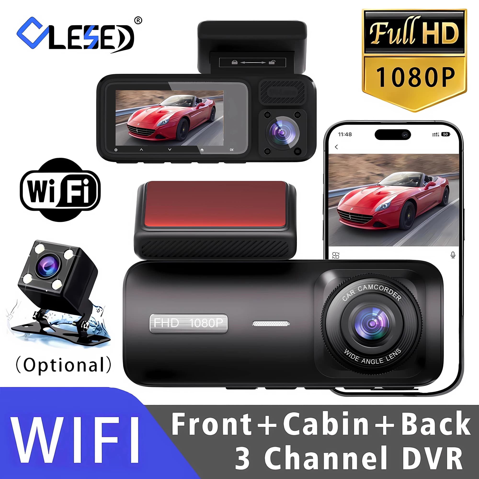 DVR for Cars at 3 Channels WiFi, Dash Cam a Tre Vie, Interior Camera for Vehicles, FHD Recorder 1080P, Mini Video Recorder, Dashcam