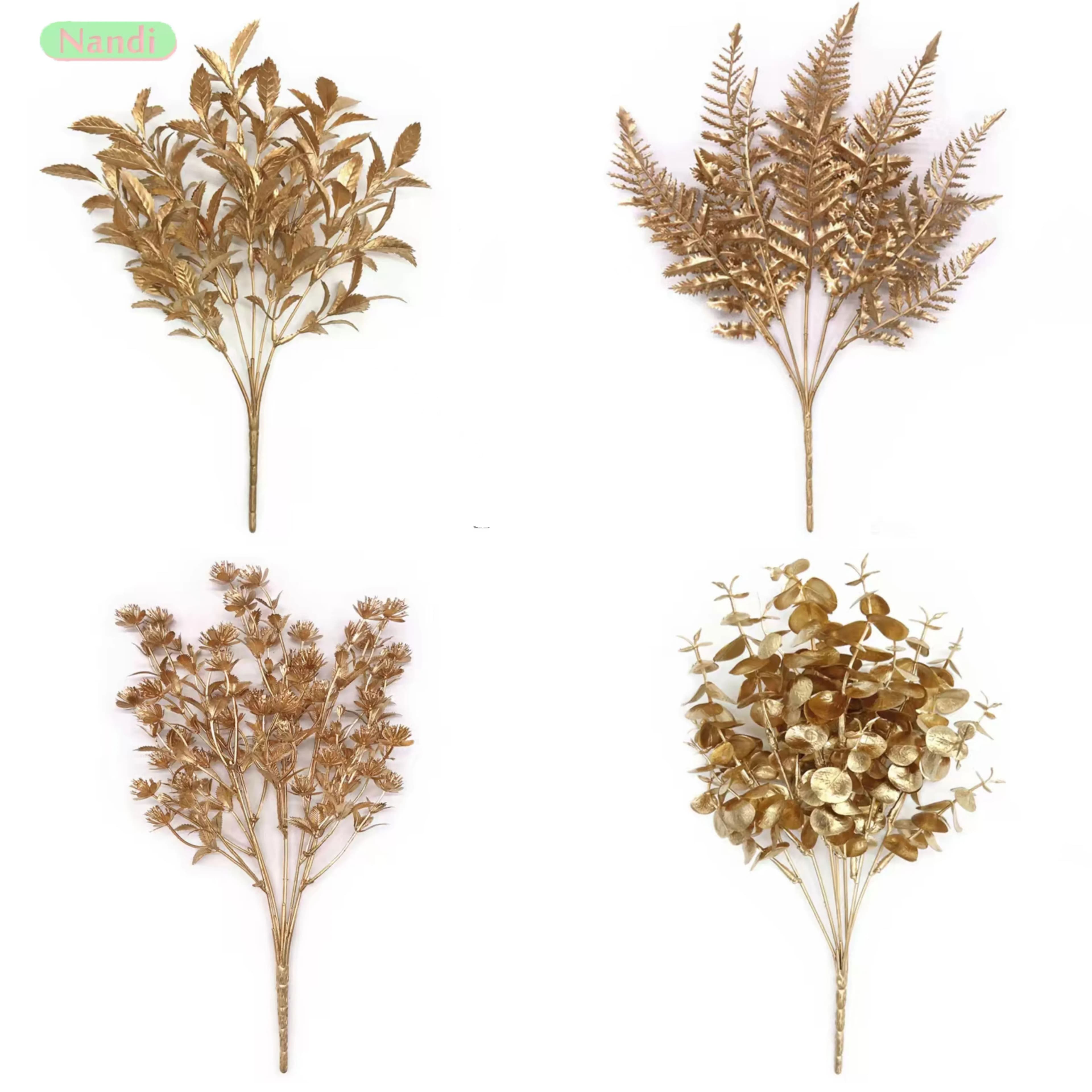 Fiore artificiale Argento dorato Foglie di fiori finti Piante di plastica Bouquet da sposa fai da te Tavolo Decorazione domestica Foto Prop