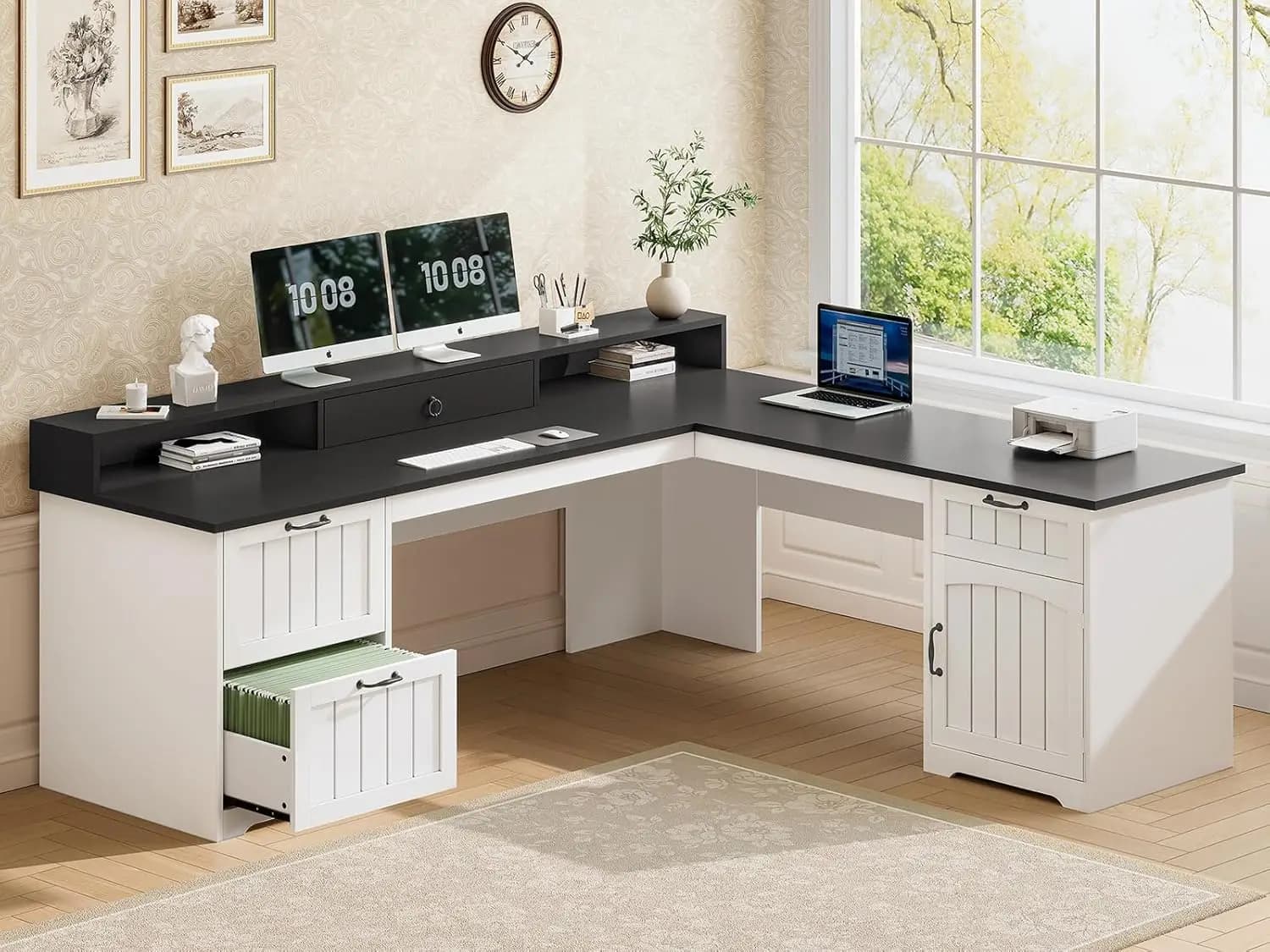 Scrivania a L da 63 Pollici con Cassetti, Portadocumenti e Supporto Monitor, per Ufficio Domestico, Angolare, in Legno, Nero o Bianco, Personalizzabile