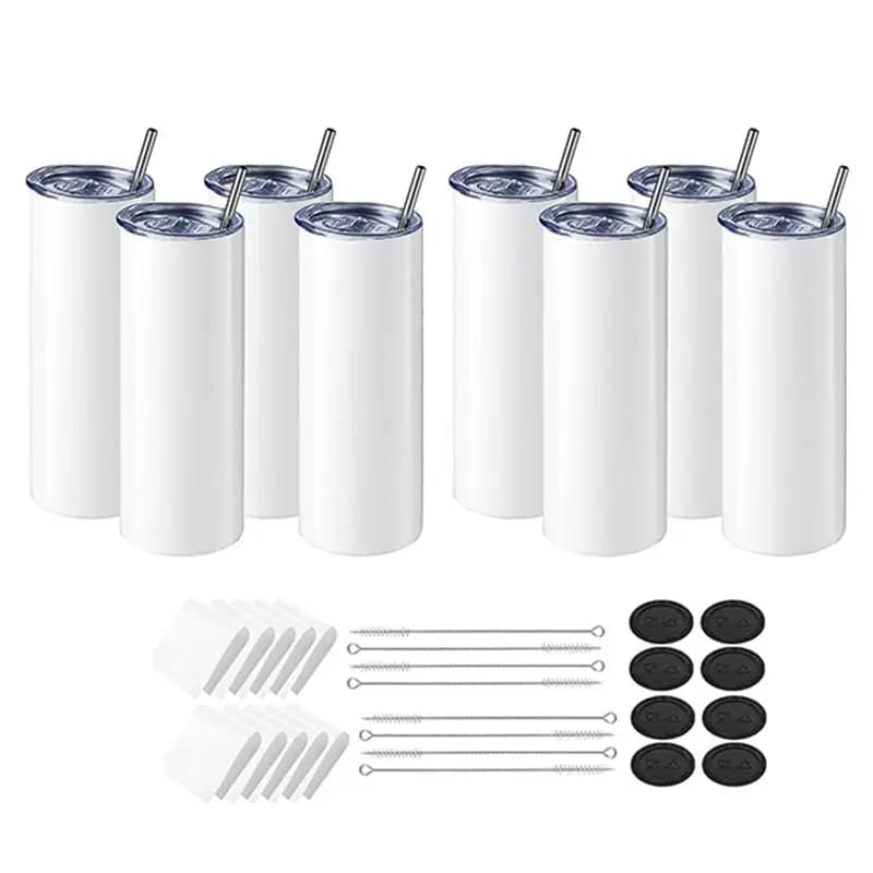 Set di 8 bicchieri AEF6 in acciaio inossidabile da 20 once, dritti e sottili, con fogli per sublimazione, coperchi e cannucce per macchina da stampa per tumbler.