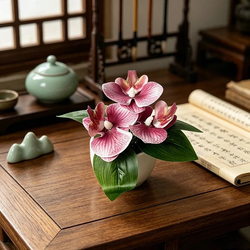 Orchidea a 3 teste simulata in vaso, decorazione per la casa, decorazione per hall di hotel, bonsai di fiori artificiali