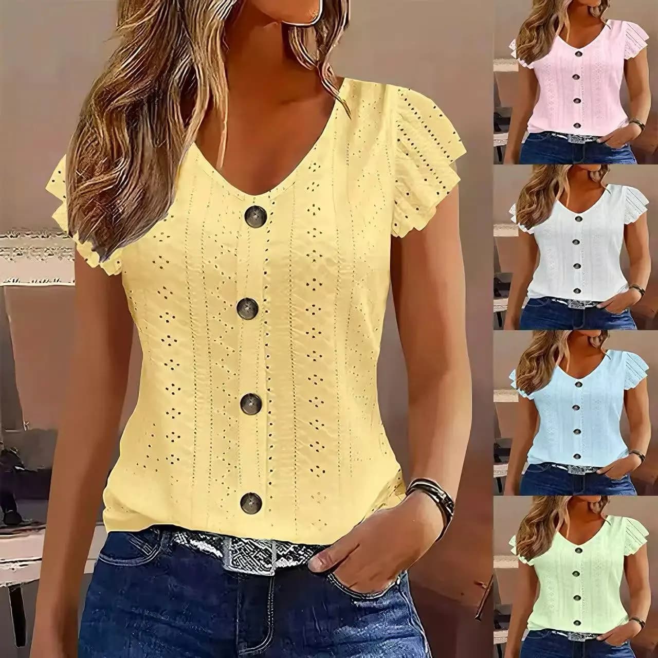 2025 Primavera/Estate nuova moda femminile elegante pendolarismo casual tinta unita multicolore manica con volant T-shirt con scollo a V