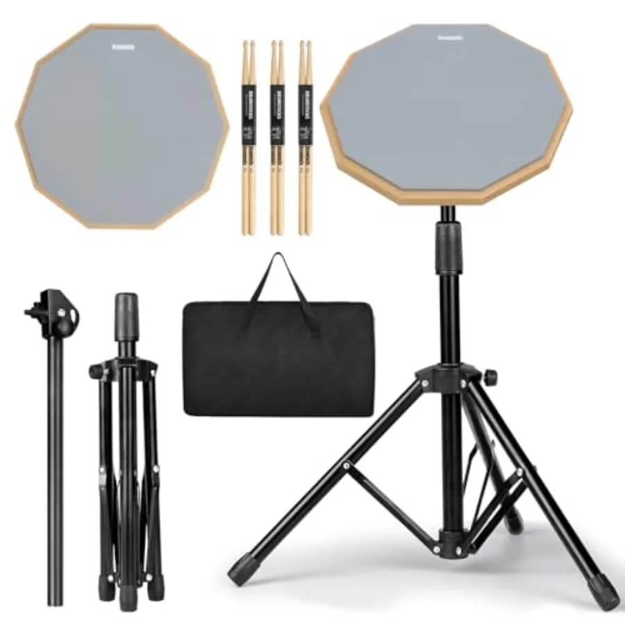 Set Supporto per Pad da Pratica Tamburo Rullante da 12 Pollici con Pad Silenzioso a Doppia Faccia, Bacchette e Borsa per il Trasporto, Supporto Regolabile Grigio
