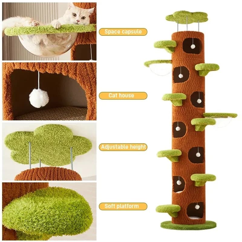 High-quality eco-friendly indoor cat tree tower, from ceiling to floor, green leaf decoration, with hammock, plush cat house