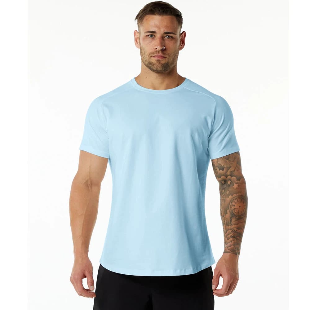 T-shirt da uomo in cotone, tinta unita, di alta qualità, a maniche corte, per sport all'aperto e jogging, morbida ed elastica, disponibile in nero e bianco.