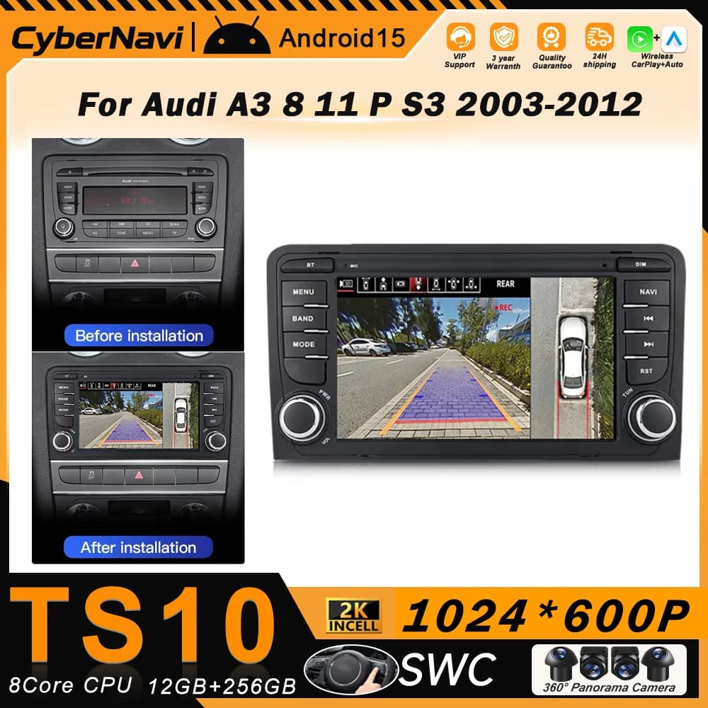 Autoradio Android per Audi A3 8P S3 2003-2012, Lettore Multimediale con GPS, Navigazione, Carplay, Stereo, Android Auto, WIFI, Senza DVD 2din
