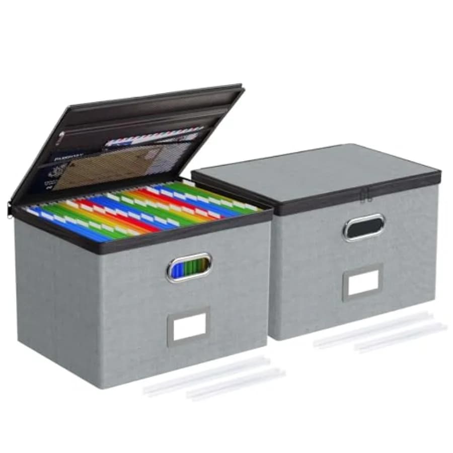 Set di 2 Grandi Scatole Portadocumenti con Coperchi e Tasche in Rete, Organizzatore per Documenti Formato Letter/Legal con Zip