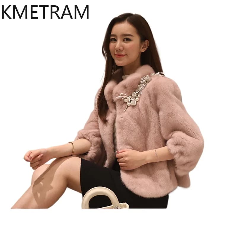 KMETRAM 100% Mink Fur Stand Collar Real Fur Coat Fashion Short Pink Coats for Woman 2025 Winter New in Jackets fourrures femmes