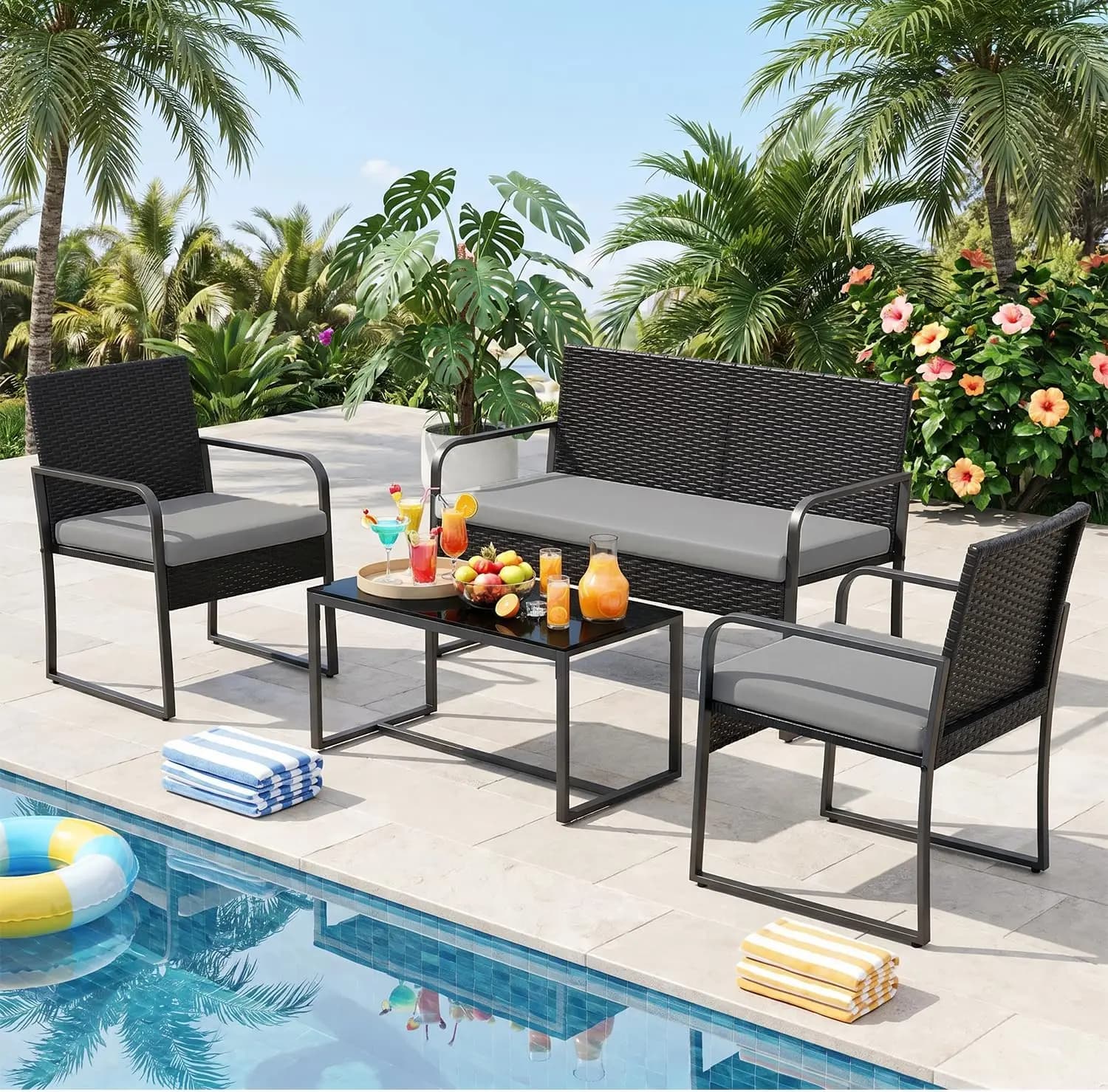 Outdoor Rattan Patio Furniture Set, 4 Piece Wicker Conversation Collection Featuring Glass Coffee Table And Cushioned Chairs For Backyard Poolside Porch Lawn Seating, Grey