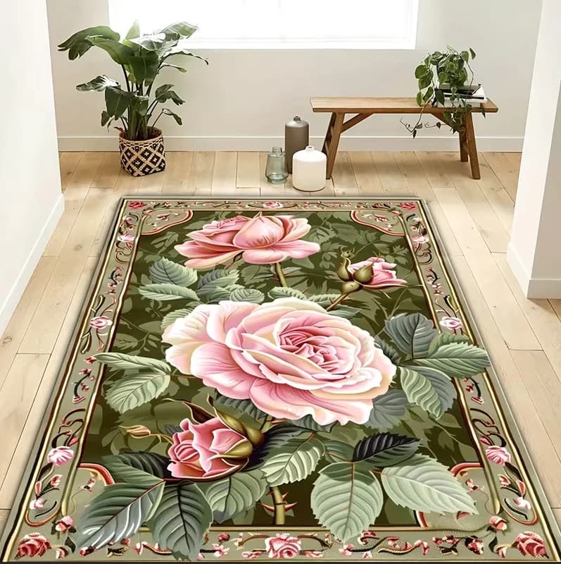 Tappeto Resistente con Motivo a Rose Rosa, Adatto per Decorare Soggiorni e Cucine