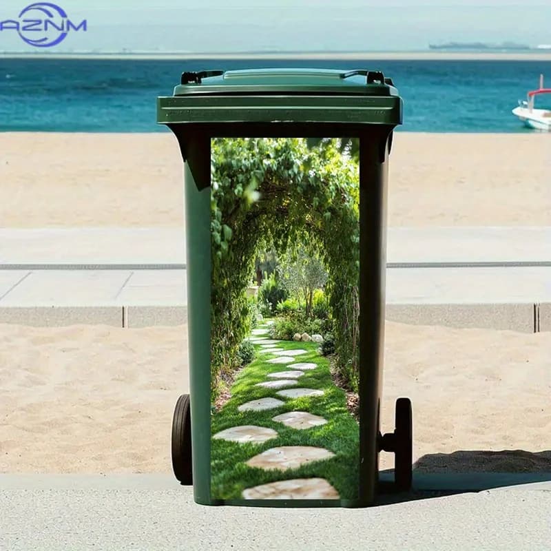 2D Flat 1pc Trash Can Stickers Garbage Bin Decals Featuring A Well-Maintained Garden Path Leads Through an Arch of Lush Vines