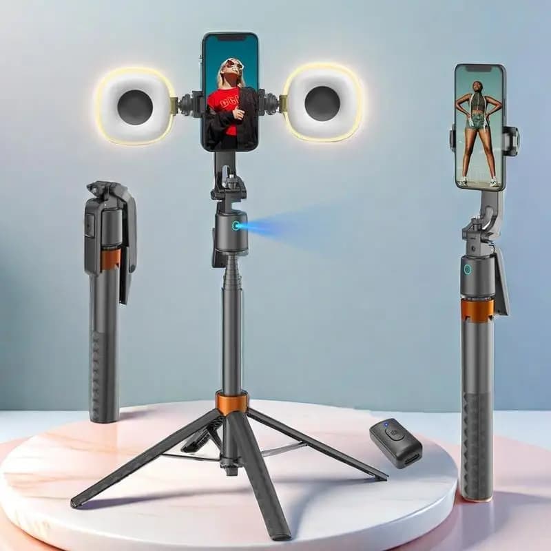 Treppiede per selfie ricaricabile con tracciamento intelligente del volto, 2 luci di riempimento e supporto per telefono per live streaming e vlog a 360° ° Girevole