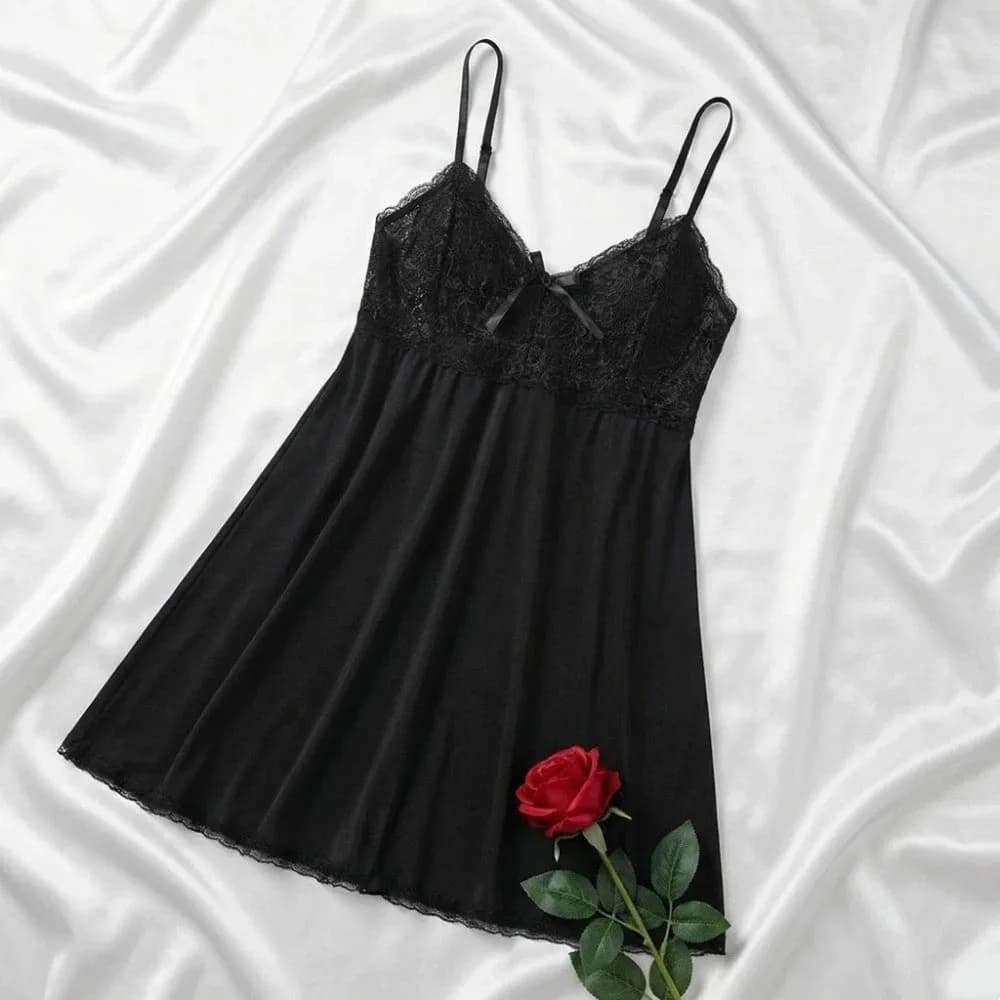 Camicia da Notte Sottile da Donna in Pizzo con Scollo a V, Spalline Sottili e Spacco, Senza Maniche, Vestito da Notte Femminile