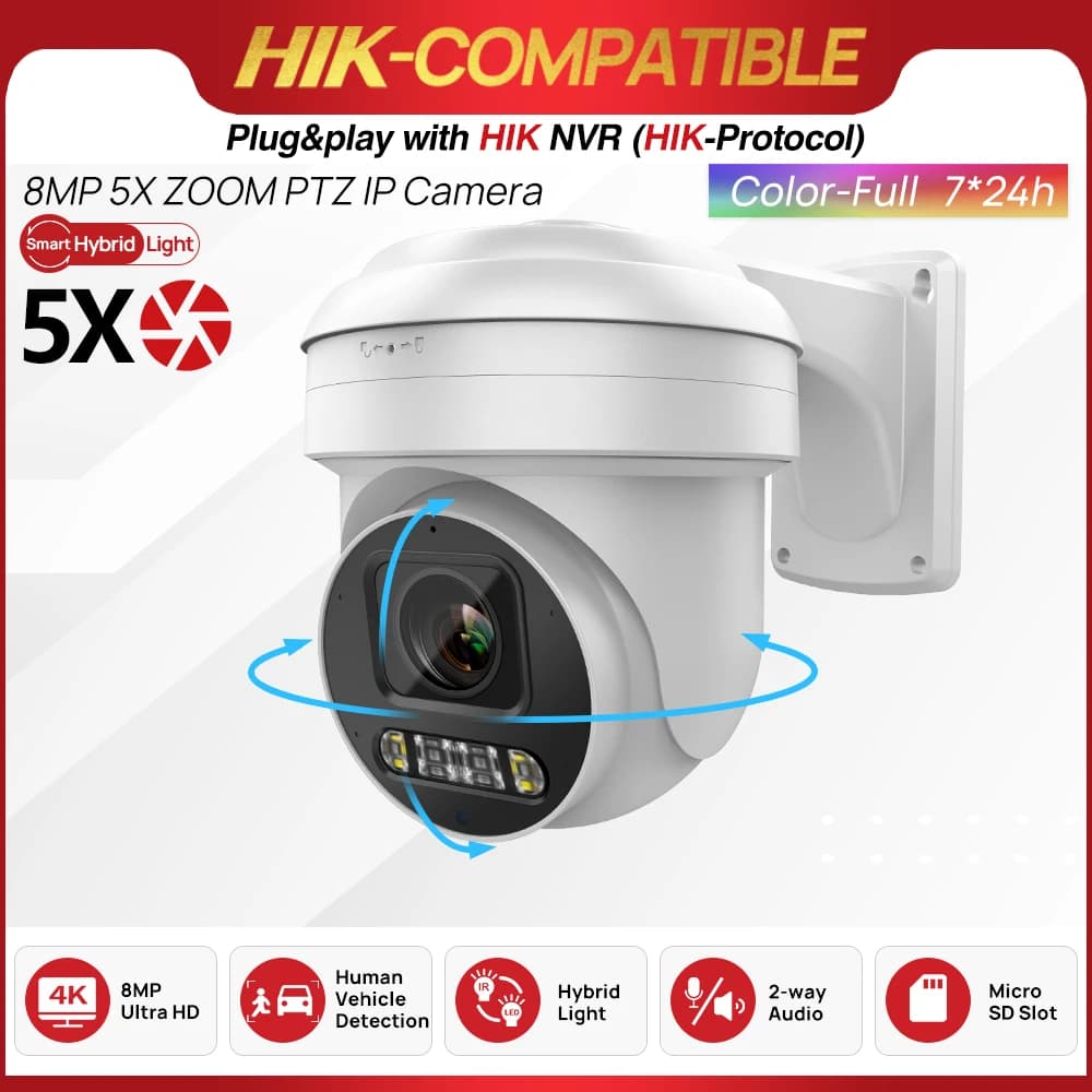 Vendita estiva Hikvision compatibile 8MP ColorVu PTZ IP Camera 5X Zoom Hybrid Light 2-way Audio slot per schede SD telecamera CCTV di rete
