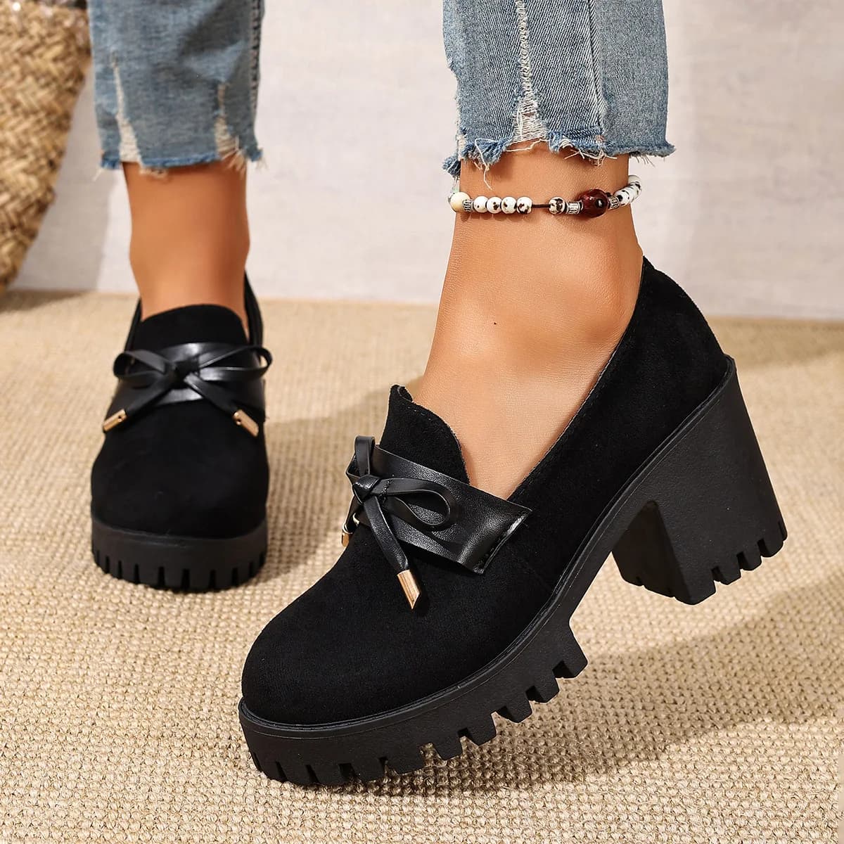 Moccassini with high heel in British style fall new fashion cake bow single shoes sturdy sizes