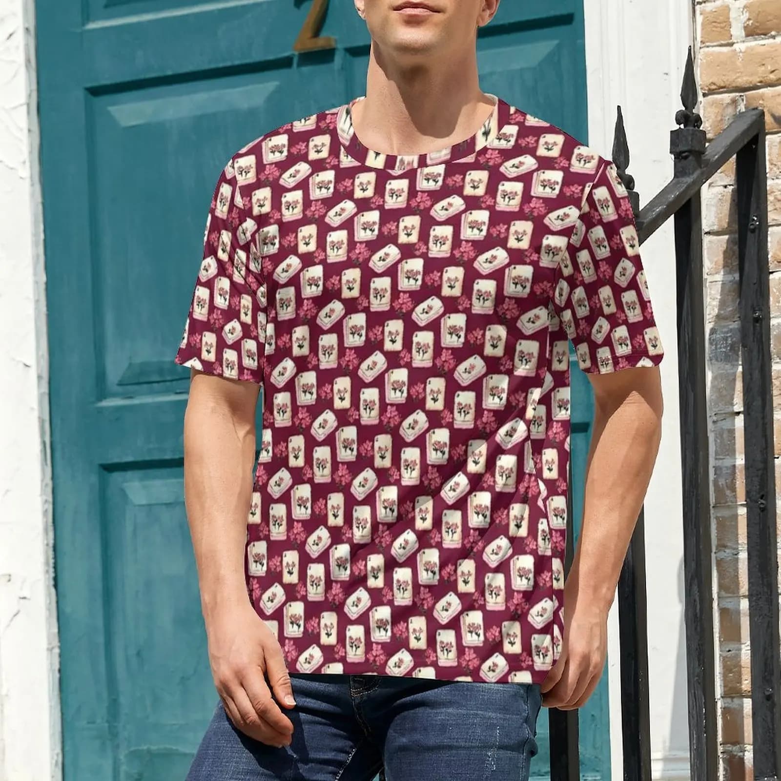 Antique Pink Mahjong Tiles with Flowers T-Shirt Men O Neck T-Shirts Summer Tops Short Sleeves Street Style Big Size Tee Shirt