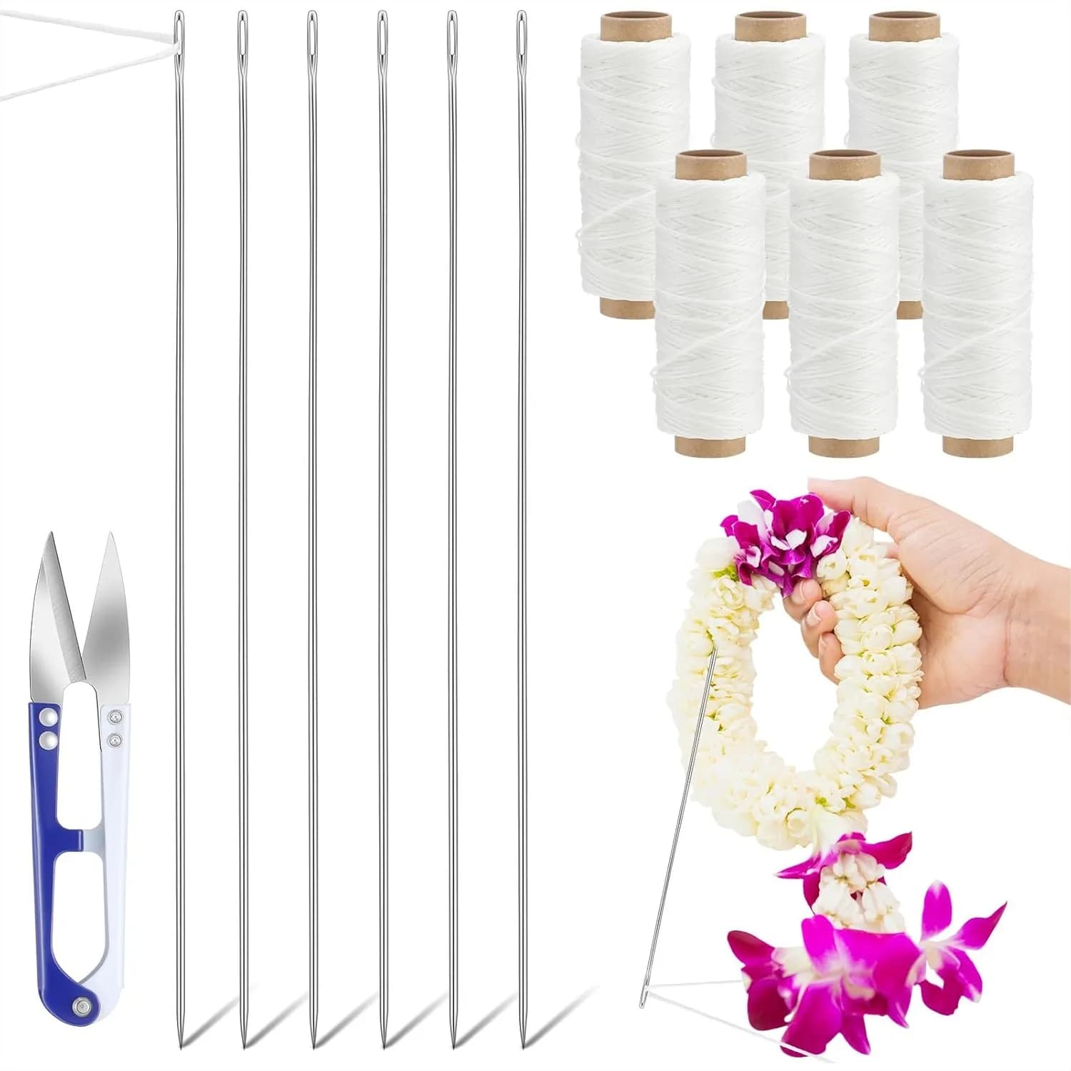 Kit Ago per Lei Hawaiano in Acciaio Inossidabile da 14 Pollici con 6 Rotoli di Filo e Forbici per Ghirlande Floreali Fai-da-te per Cerimonie di Laurea e Accessori Artigianali