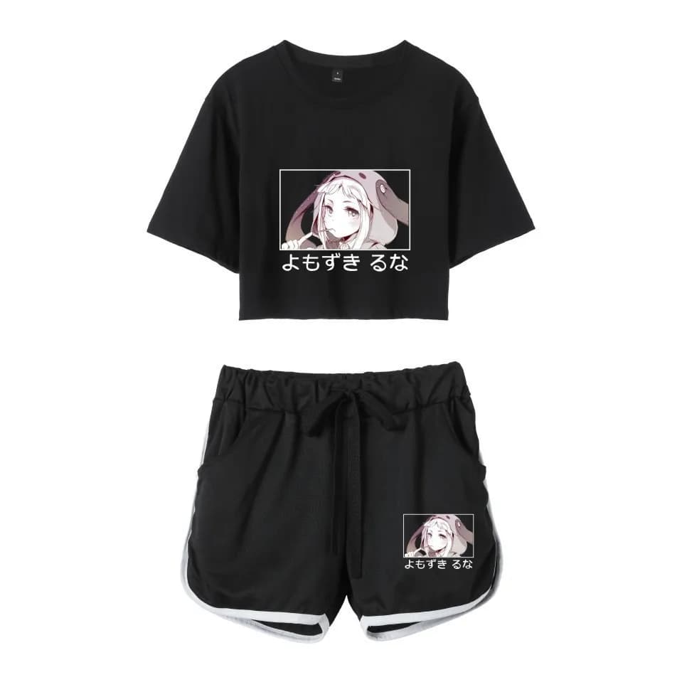 Completo Set Due Pezzi Giovanile alla Moda con Stampa Kakegurui RUNA: T-shirt Sexy a Maniche Corte e Pantaloncini con Ombelico Scoperto - Completo Ragazza Carina