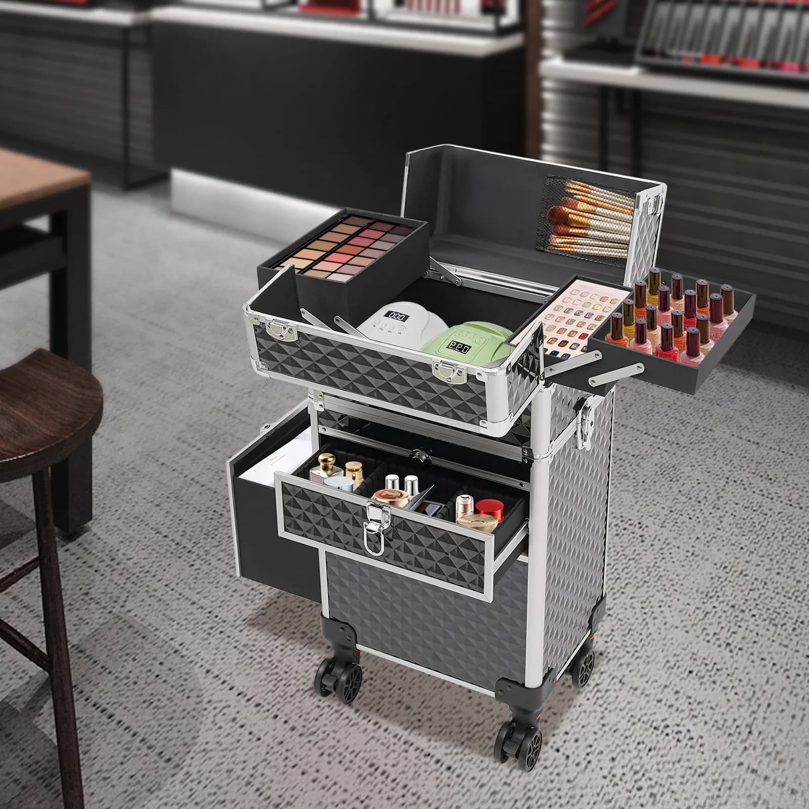 Professional Wheel Makeup Case, Multifunctional Cosmetic Trolley, Large Travel Box