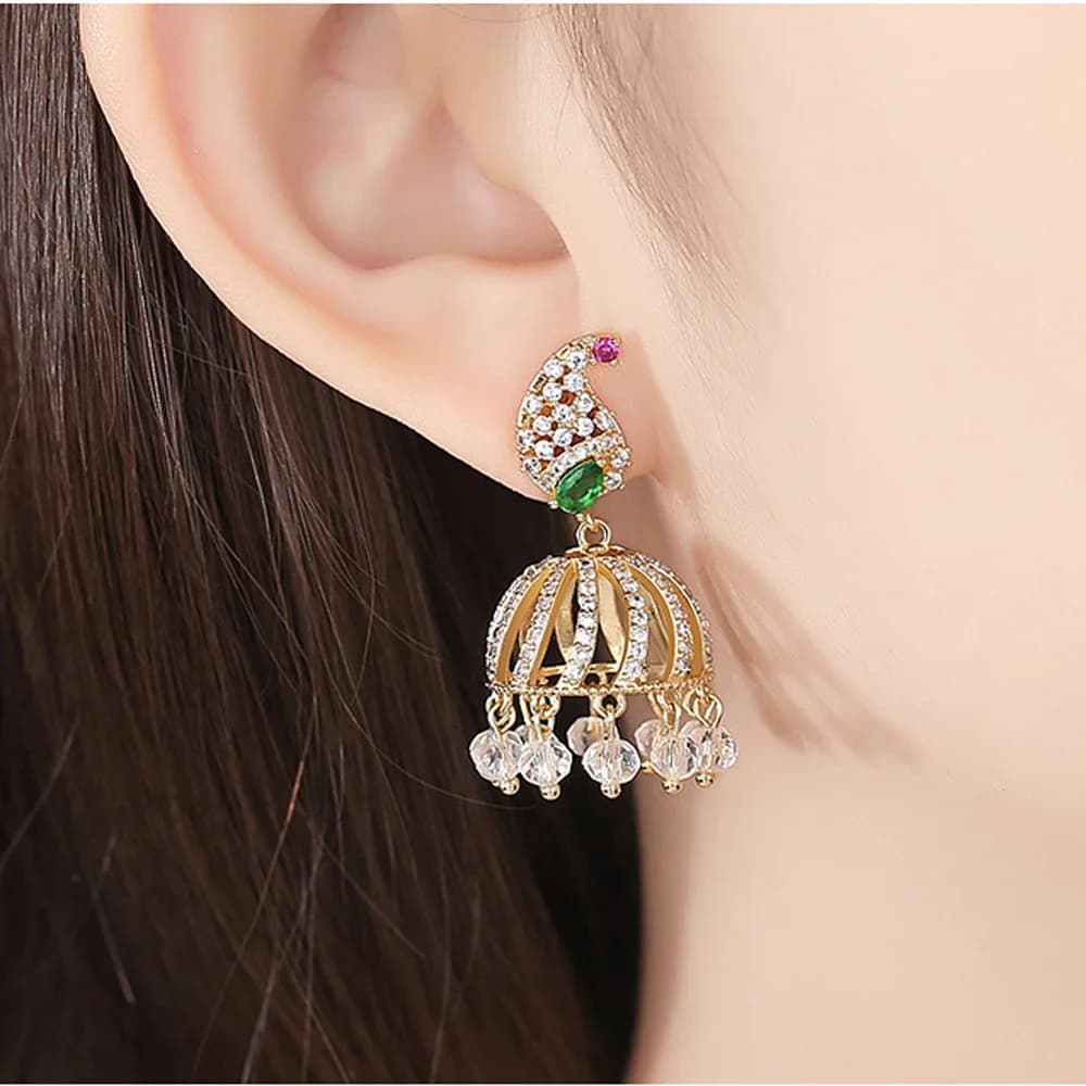 New Gold Color Zircon Bell Drop Earrings Female Retro Bohemian Indian Jhumka Jhumki Crystal Beads Earrings Gypsy Tibetan Jewelry