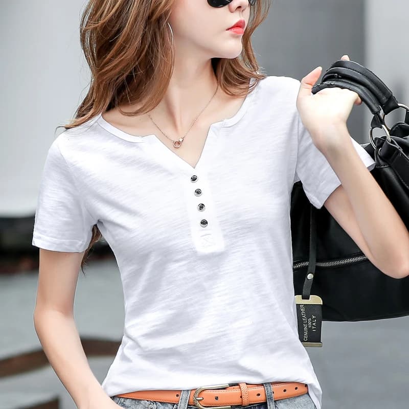 T-shirt da donna girocollo a maniche corte in cotone slub tinta unita con bottoni, modello basic casual estivo 2026