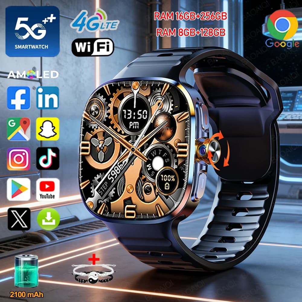 Smartwatch 5G/4G with full network, 2.4 inch big screen, HD video call, 16GB+256GB RAM, 2100mAh, Google Play, WIFI, GPS, SIM card.