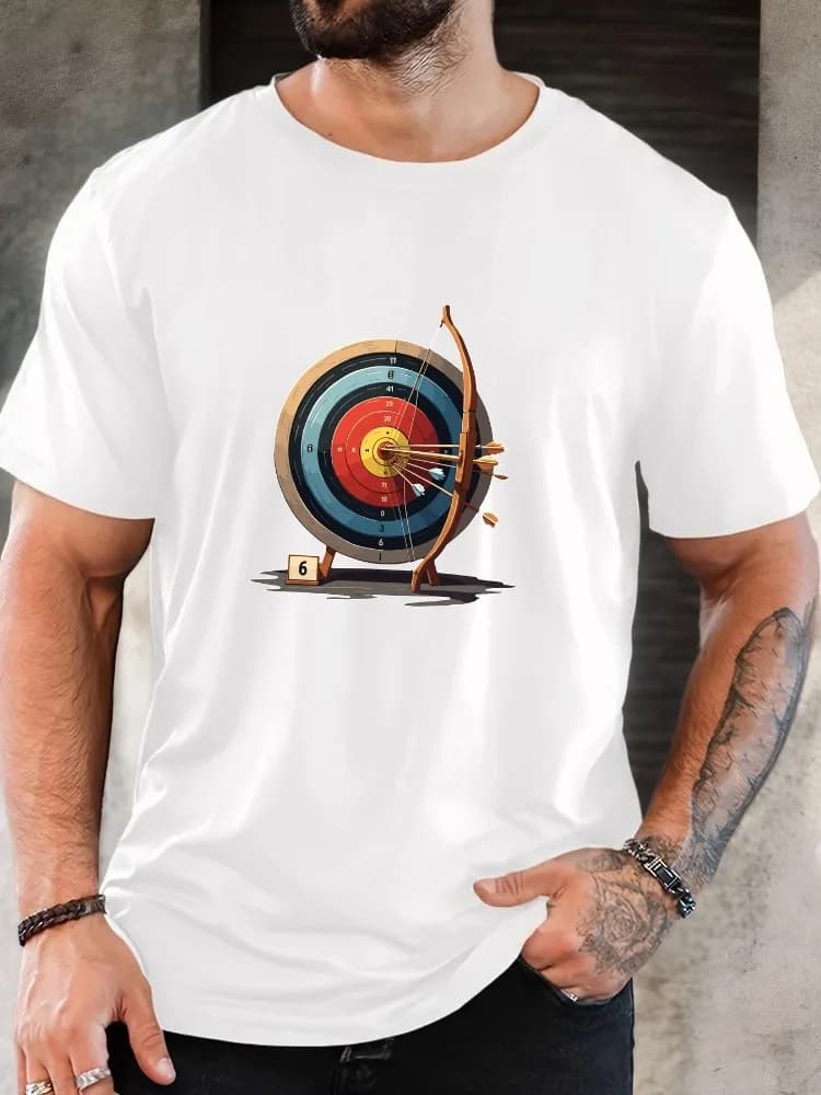 Men Khaki Crew Neck Tee Colorful Archery Target Bow Arrow Cartoon Graphic Soft Short Sleeve Archer Sports Daily Loose Male Tops