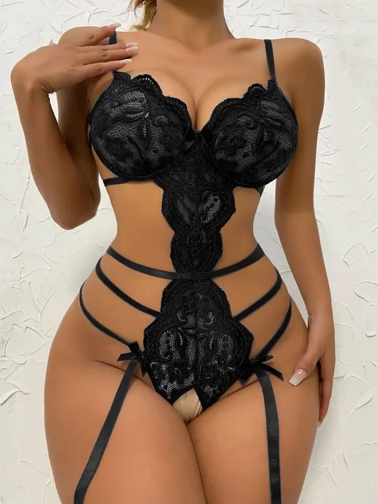 Set di lingerie sexy in pizzo da donna – Reggiseno con volant trasparente e perizoma a vita alta con spalline, biancheria intima trasparente elegante