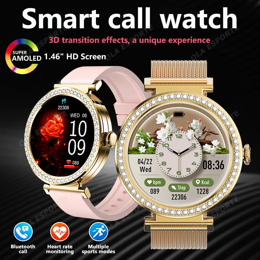 Fashion Zircone Surveillance Astute 1.46 "AMOLED Screen 5.4 Call Bluetooth Monitoring Frequency Temperature Cardiaca Women Smartwatch Pedometer