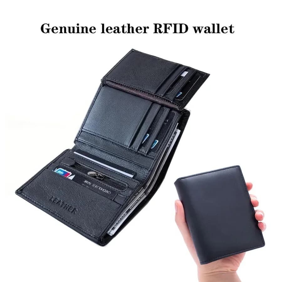 Portafoglio da uomo in vera pelle nuovo da lavoro verticale tre pieghe porta carte di credito portamonete con cerniera portafoglio antifurto RFID da uomo