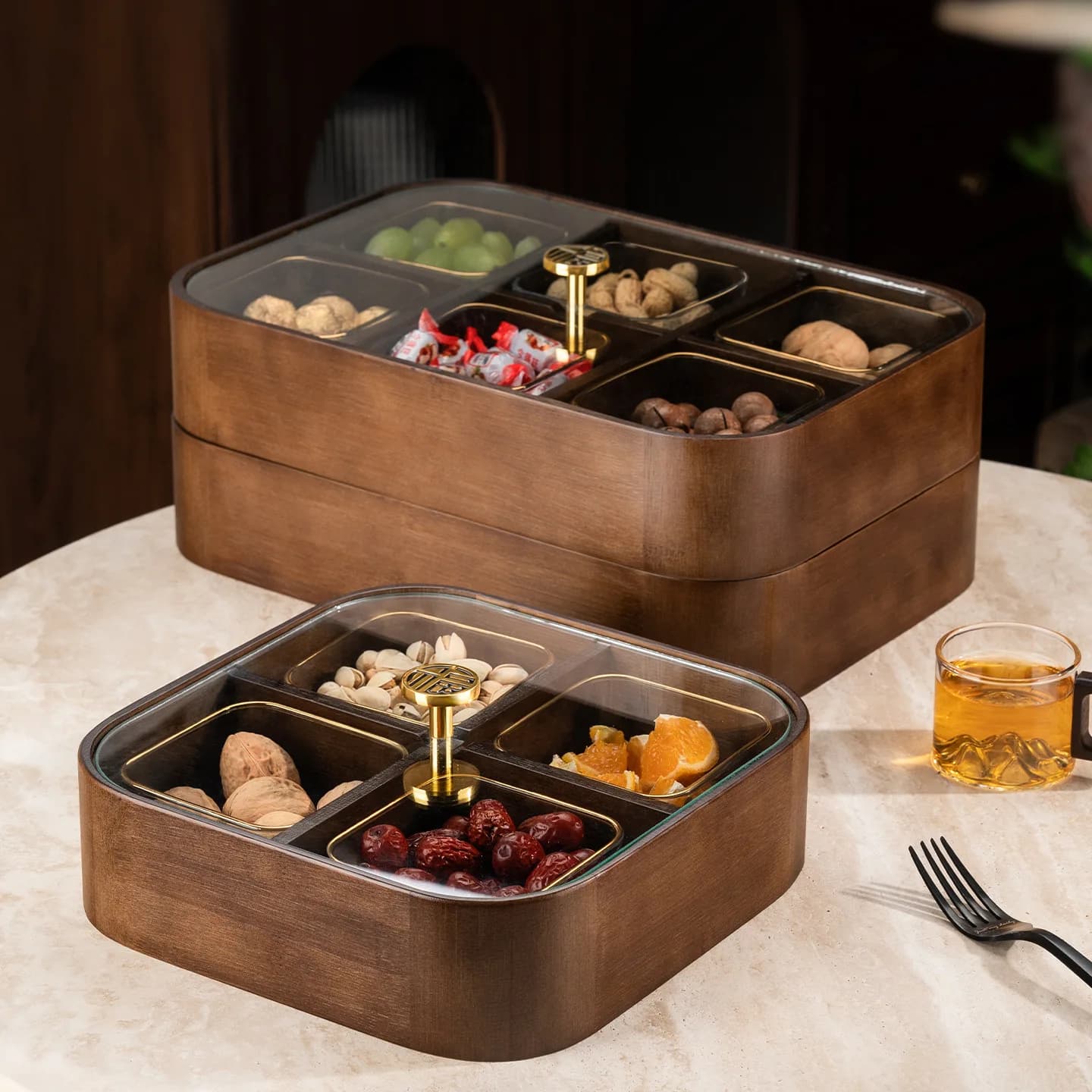 Solid wood dried fruit box light luxury with lid compartment storage box high-end nut snack fruit plate engagement ornament