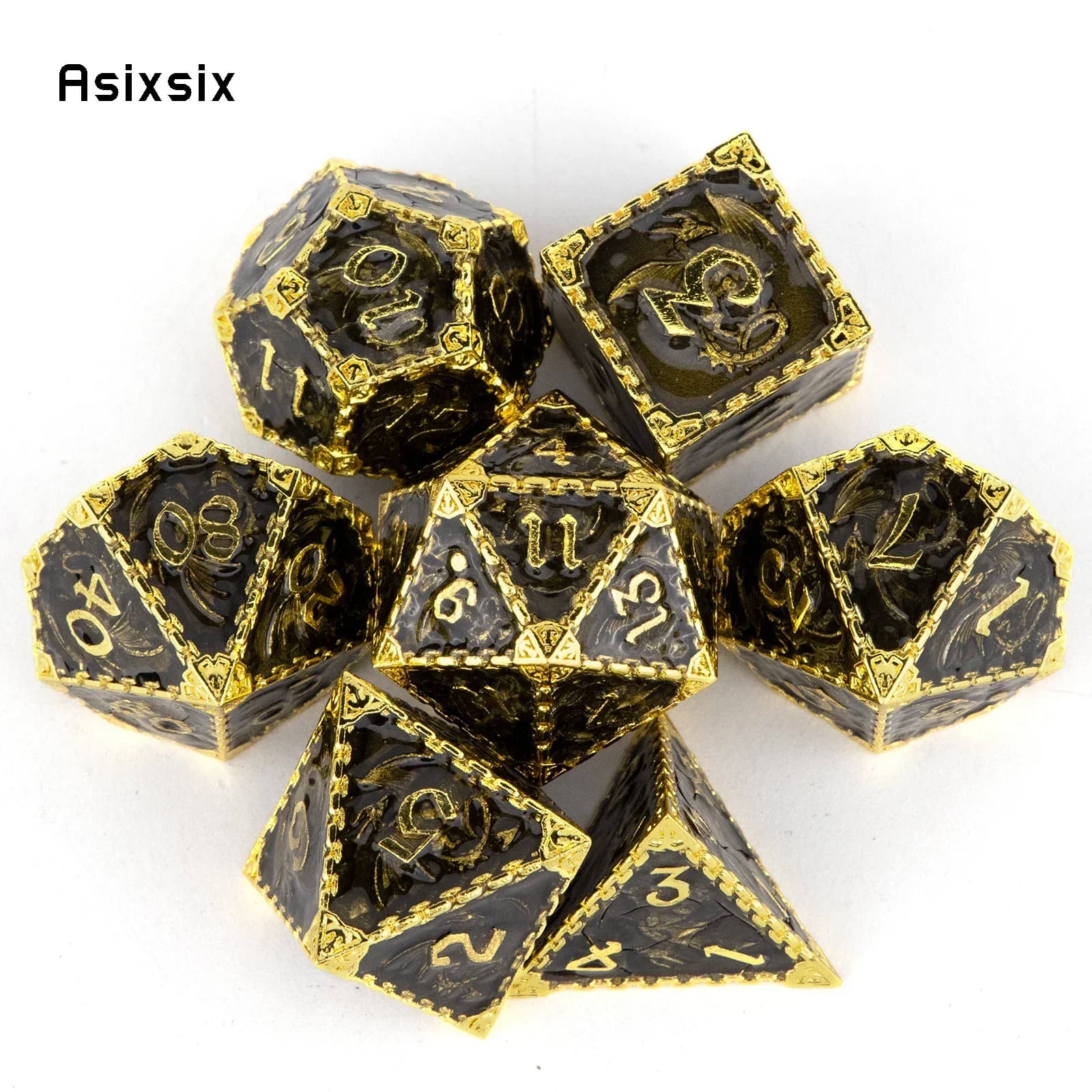Set di 7 Dadi in Metallo Drago Nero e Dorato, Dadi Poliedrici in Metallo Solido Adatti per Giochi di Ruolo RPG e Giochi da Tavolo, Regalo