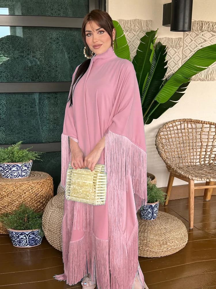 Eid Ramadan Muslim Abayas for Women Dress Silky Satin Tassel Saudi Lantern Sleeve Abayas Shawl Outfits Jalabiya Dubai Caftan
