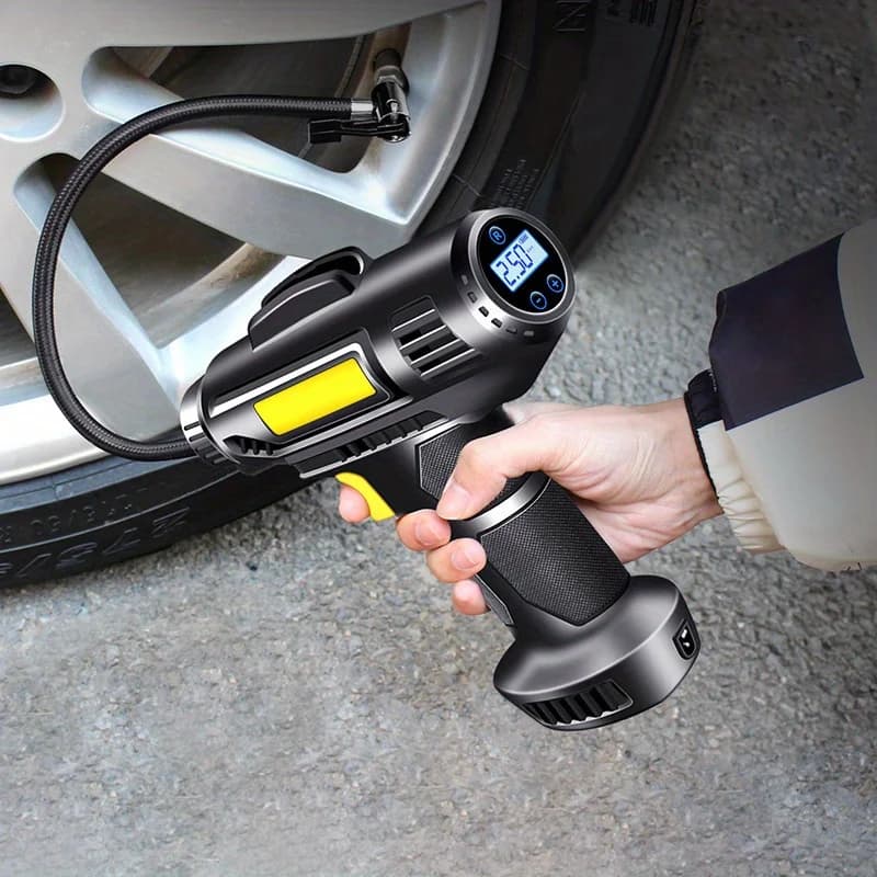 Compressore d'aria portatile wireless per pneumatici auto, bici, moto e palloni, con display LCD