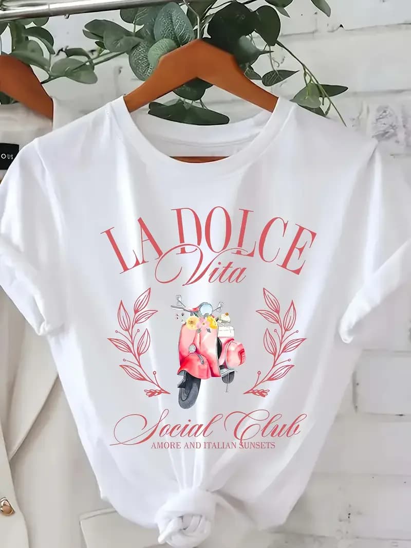 T-shirt girocollo da donna con stampa La Dolce Vita T-shirt casual a maniche corte con stampa di lettere primavera estate