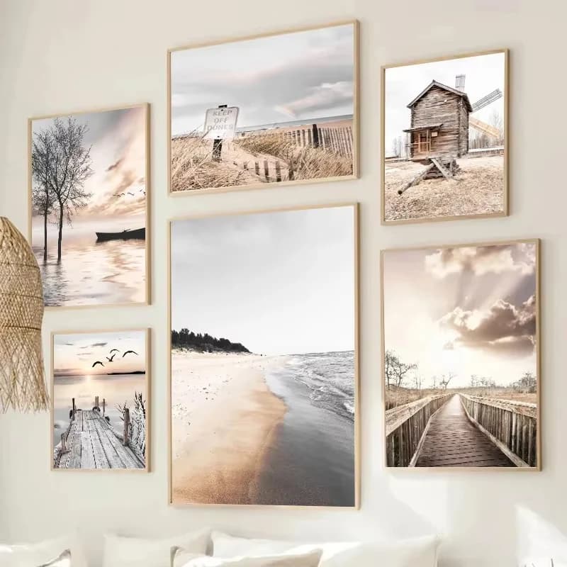 Sea Bridge Windmill Boat Beach Seagull Wall Art Canvas Painting Nordic Posters and Prints Pictures for Living Room Home Decor
