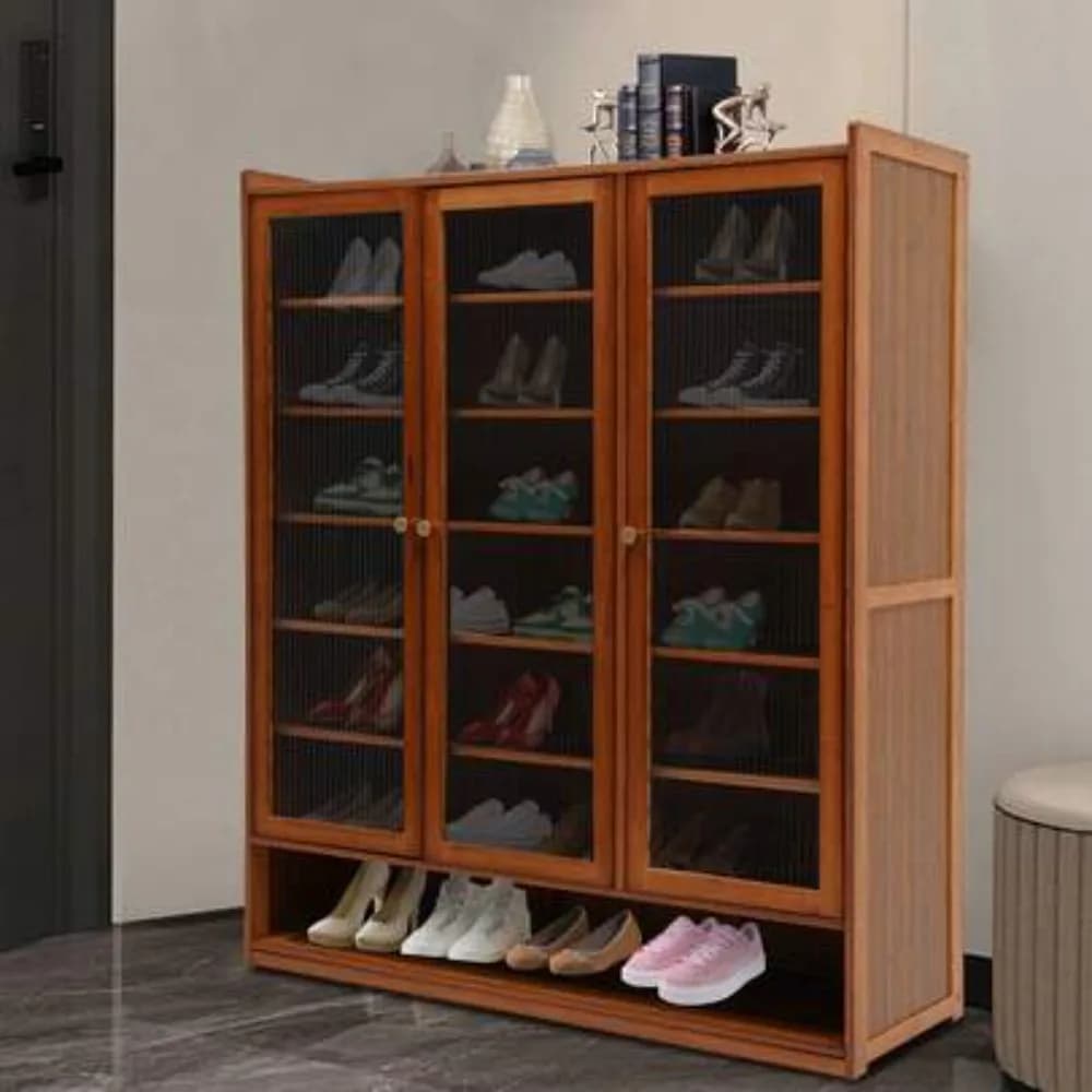8 Tier Shoe Rack Cabinet Freestanding Storage Organizer for Entryway Hallway Bedroom Slim Tall Shoe Tower with Doors Bookshelf Display Shelf Space Saving Wooden Books Bookcase Unit