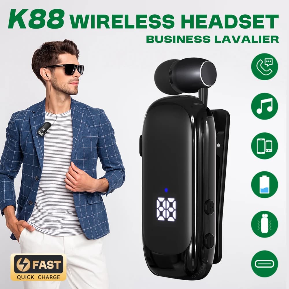 K88 Lavalier Business Cuffie Bluetooth 5.4 Tempo di conversazione/musica 20 ore, display digitale a LED, auricolari wireless con cancellazione del rumore