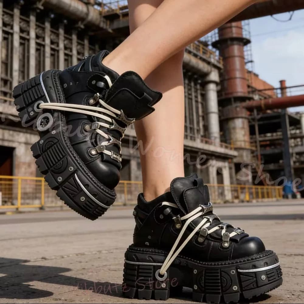 Platform Men Genuine Leather Motorcycle Boots Ankle Rock Women Sneakers Punk Chunky Metal Buckle Y2K Thick Sole Gothic Shoes