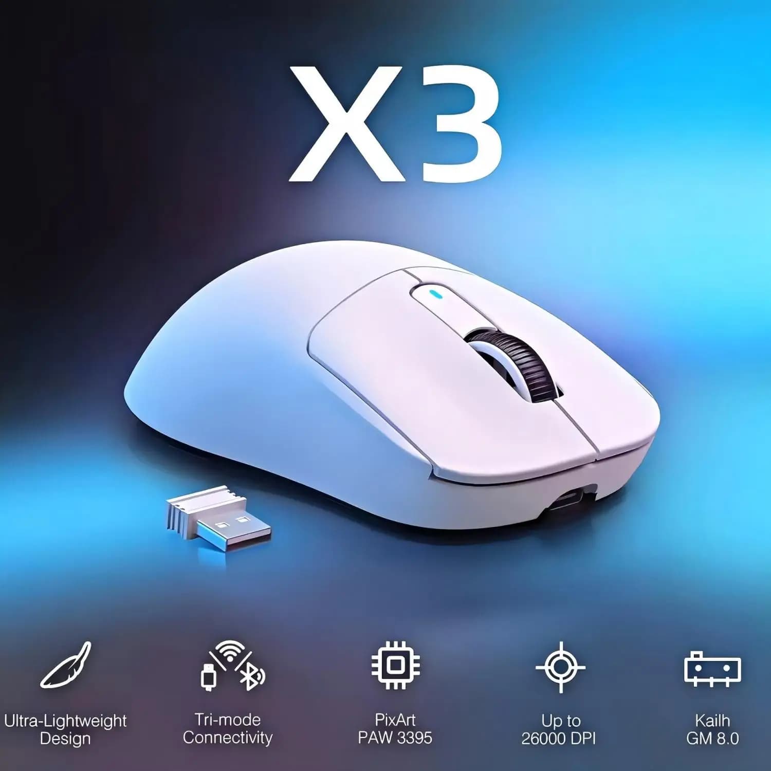 ATTACK SHARK X3 Wireless Tri-Mode Gaming Mouse, 49g PC Ergonomic Mouse, PAW3395 26K DPI Optical Sensor, Programmable Buttons