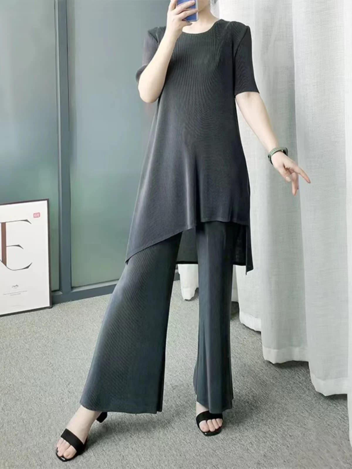 Summer Fashion Set Three-ounce Short Sleeve Top And Wide Leg Pants Women's plus Size Clothing Meat Concealing Pleated Suit